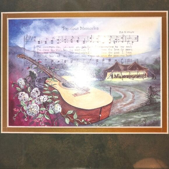 "Precious Memories" Hymn Green Matted and Gold Framed Print Overall Size 11"X13" - Picture 3 of 8